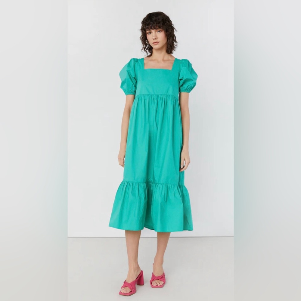 (SOLD) Frank & Oak Teal Puff Sleeve Midi Dress